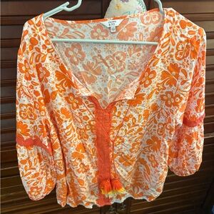 crown & ivy Orange and White Floral Peasant Blouse